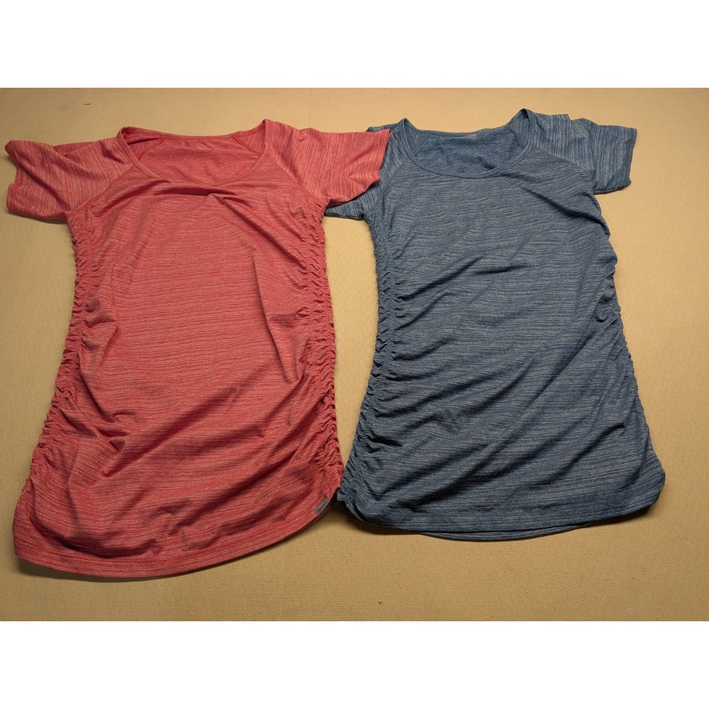 Eddie Bauer Women's T Shirts 2 Size M Gray & Rose Ruched Sides Poly Blend